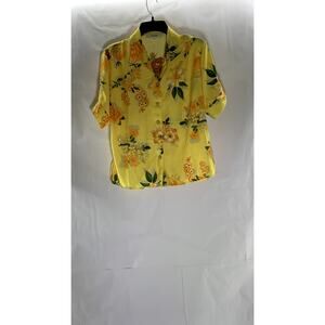 SIMPLE RETRO Women's Yellow/Orange Floral Print Short Sleeve Button-Up Top SZ S